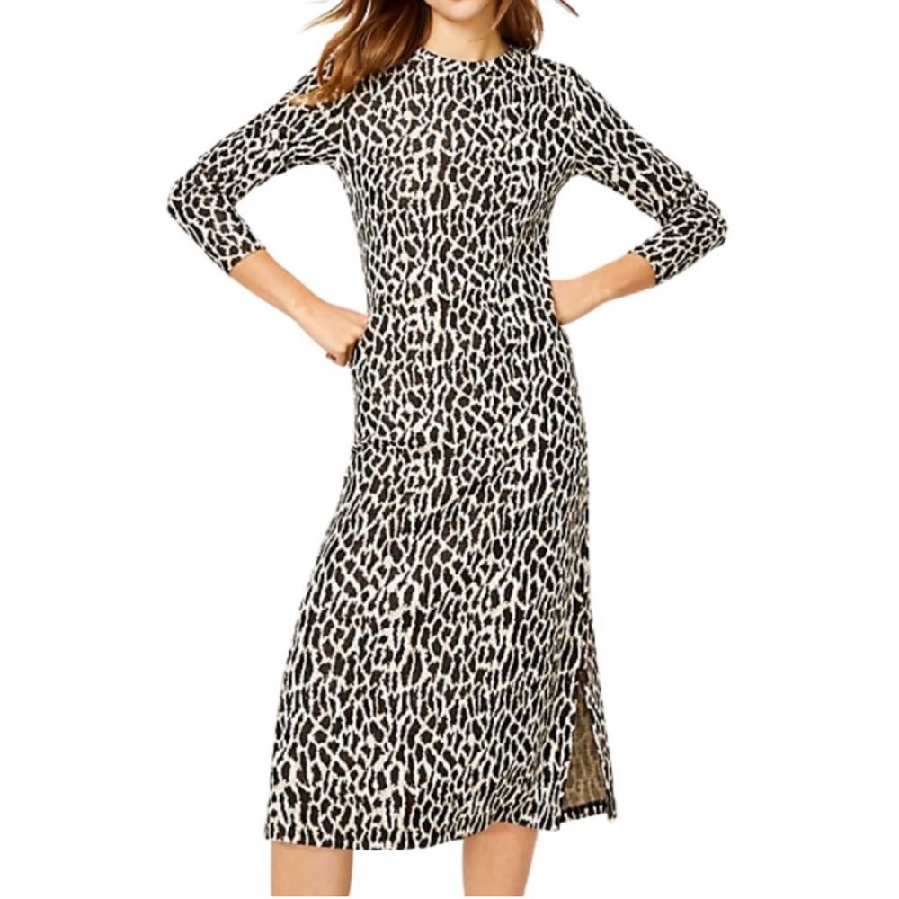 LOFT Leopard Animal Print Long Sleeve‎ Midi Sweater Dress Brown Black M A9